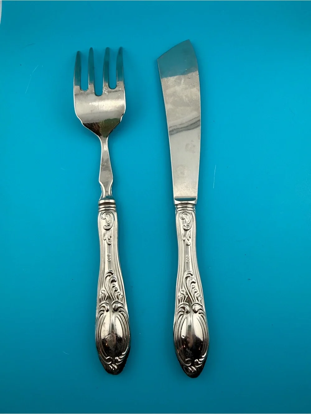 Antique 800 Silver Fish Serving Fork & Knife Set Ornate Floral 215g European